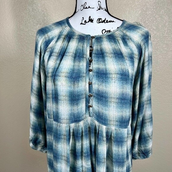Anthropologie Maeve Blue Cavalon Plaid Peplum Boho Peasant Top Size S - Picture 7 of 15